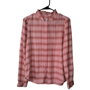 Gap Women's  Pink/Orange Plaid Ruffle-Neck Blouse